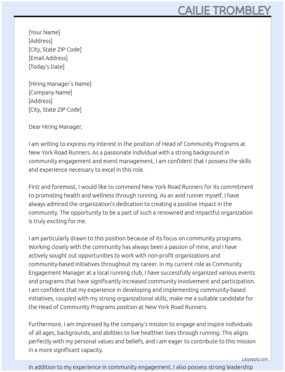 Head of Community Programs At New York Road Runners Cover Letter