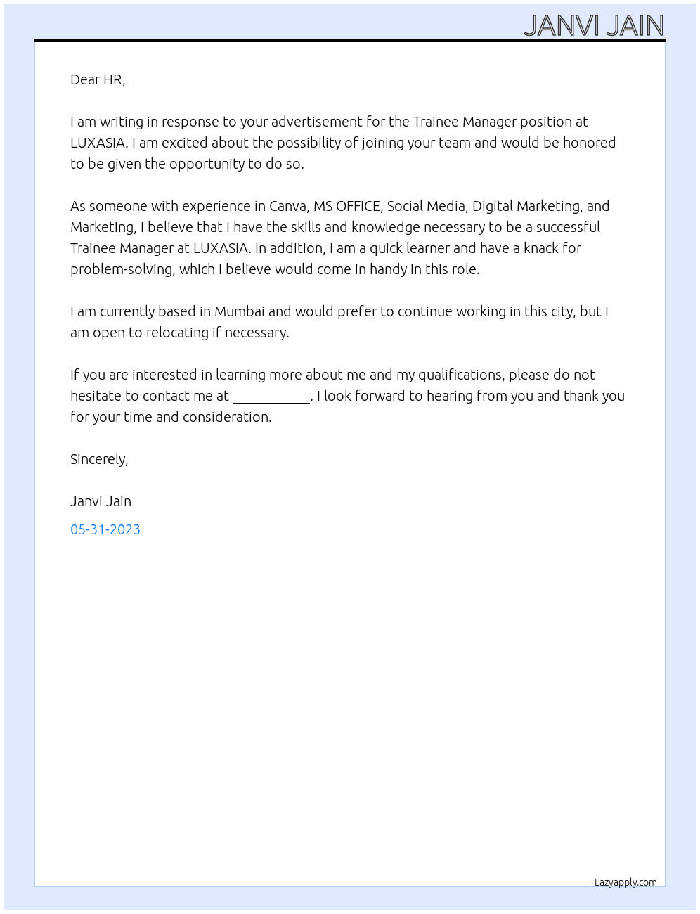 Trainee Manager At LUXASIA Cover Letter