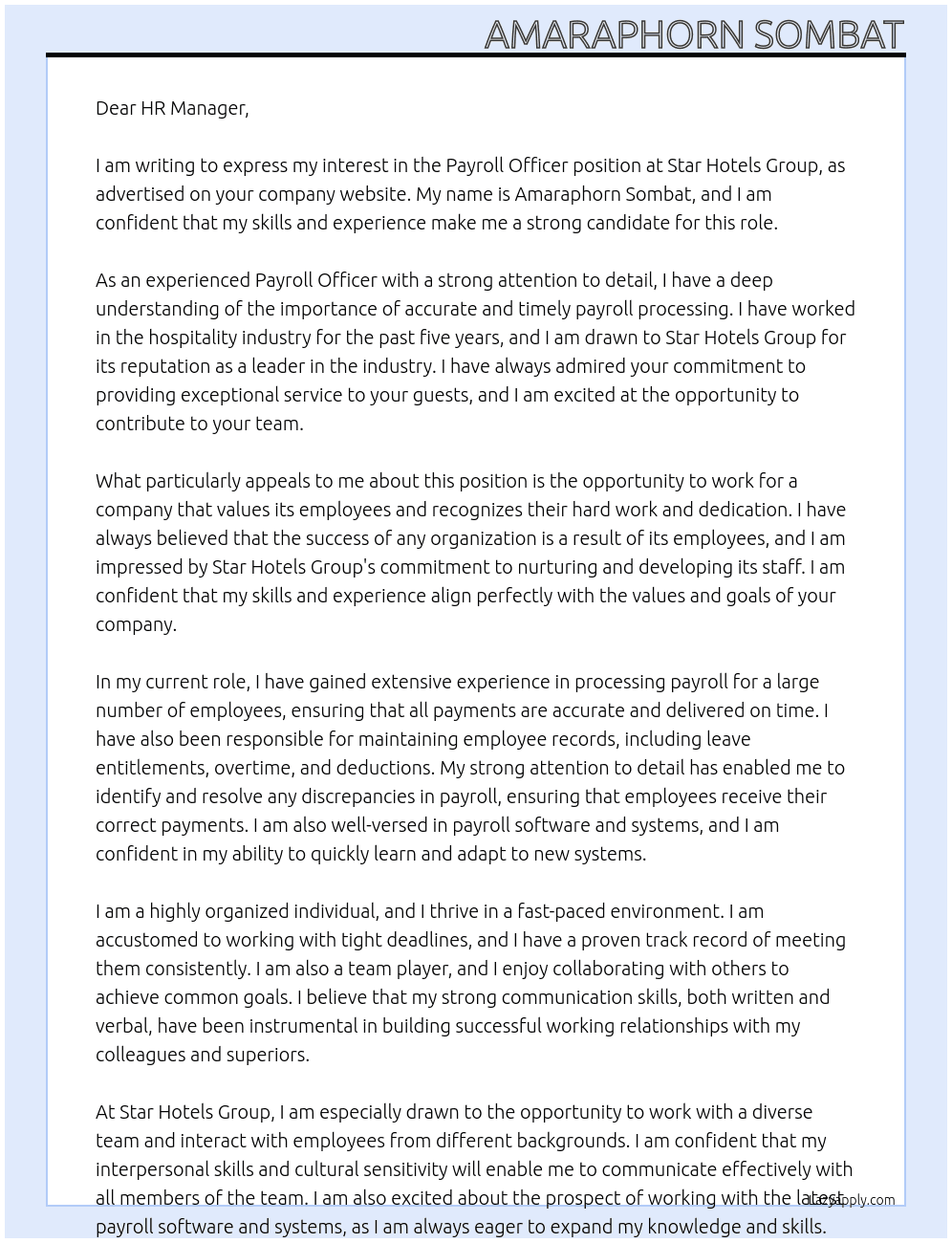 Payroll Officer At Star Hotels Group Cover Letter
