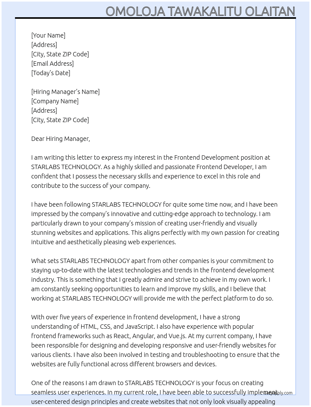 Frontend Development At STARLABS TECHNOLOGY Cover Letter