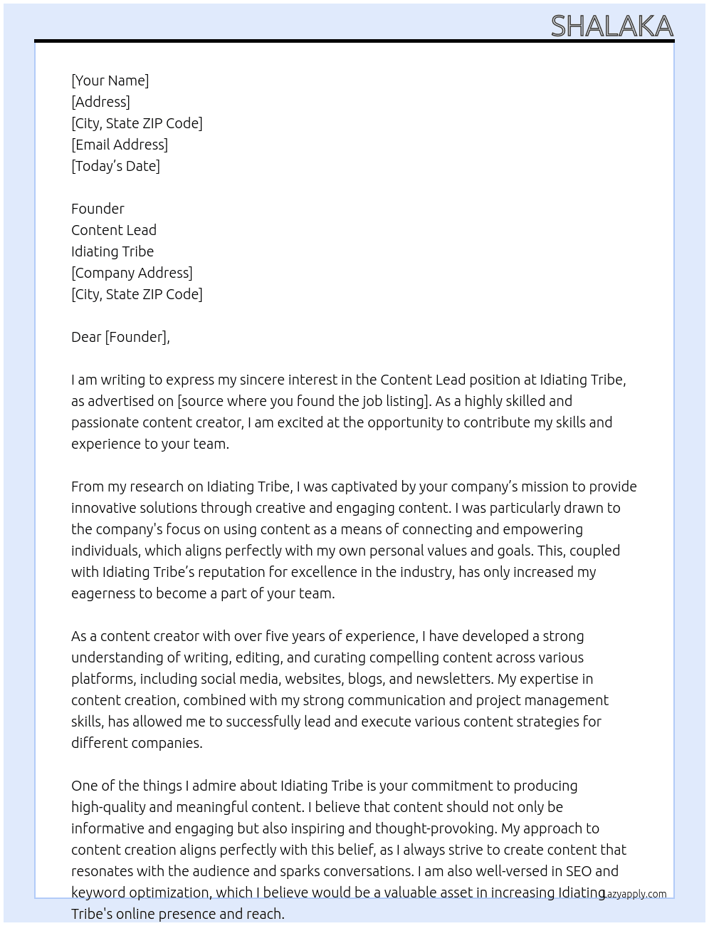 Content Lead At Idiating Tribe Cover Letter