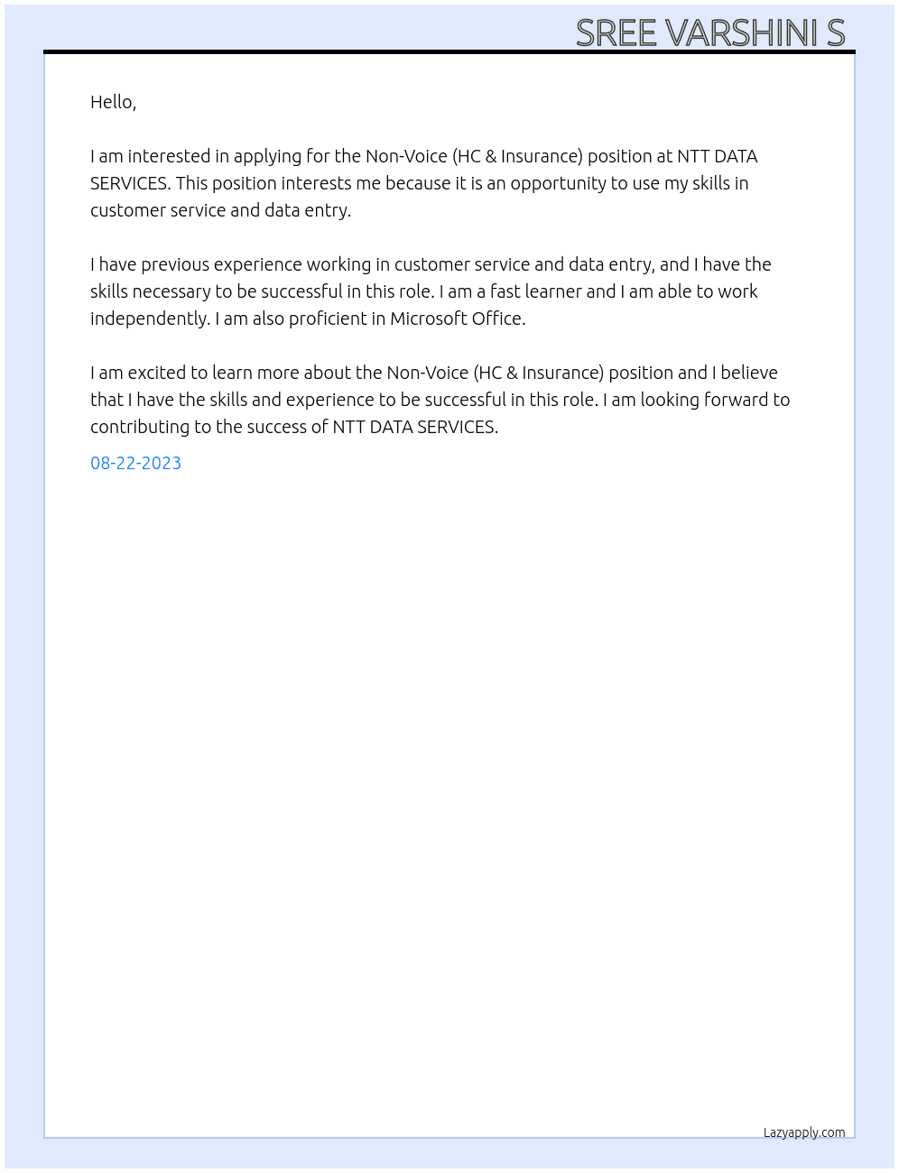 Non-Voice (HC & Insurance At NTT DATA SERVICES  Cover Letter