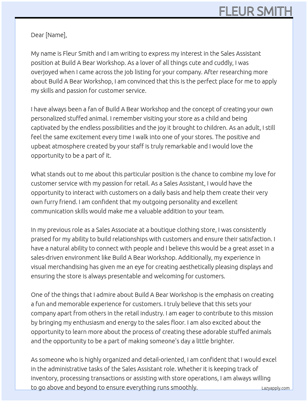 Sales Assistant At Build A Bear Workshop Cover Letter