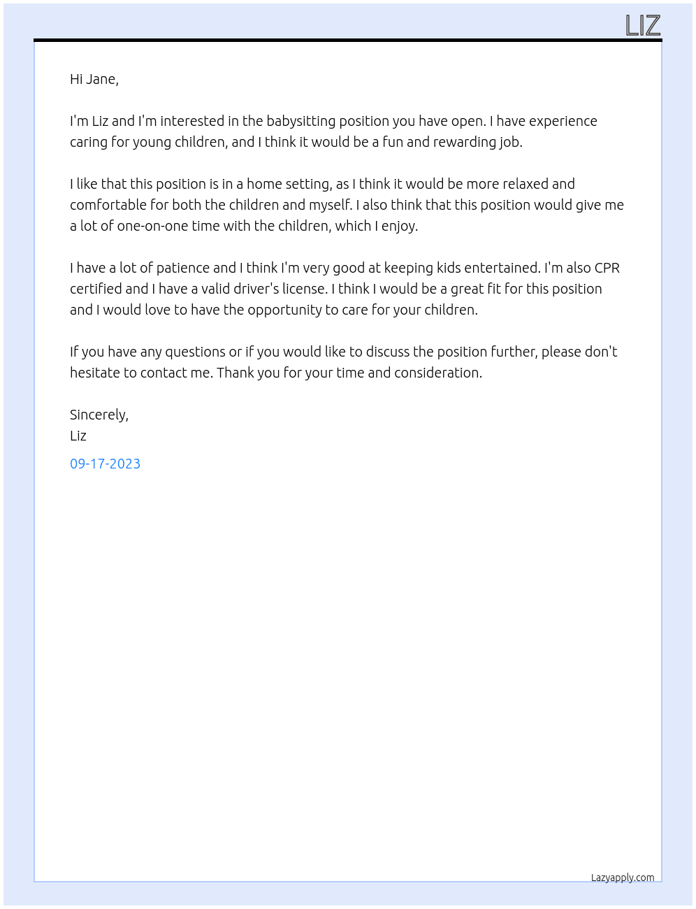 babysitter At none Cover Letter