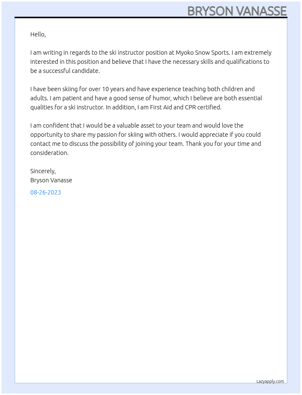 Ski instructor At Myoko Snow Sports Cover Letter