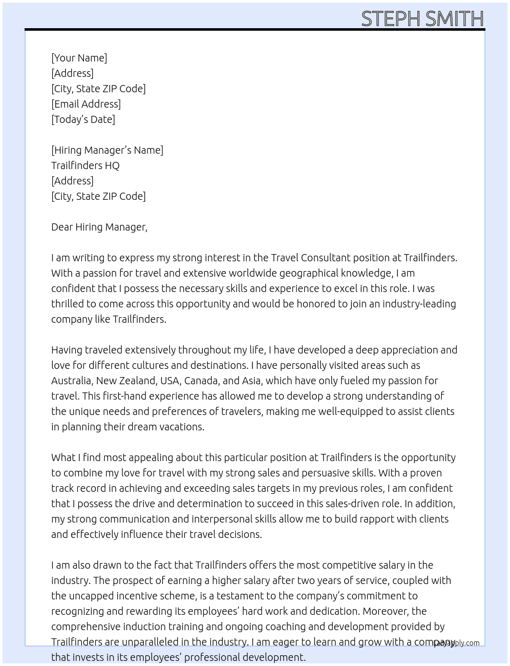 Travel Consultant At Trailfinders Cover Letter