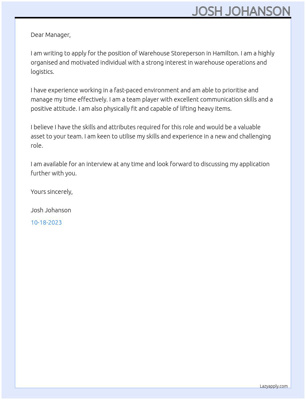 Warehouse Storeperson Hamilton At coHired Cover Letter