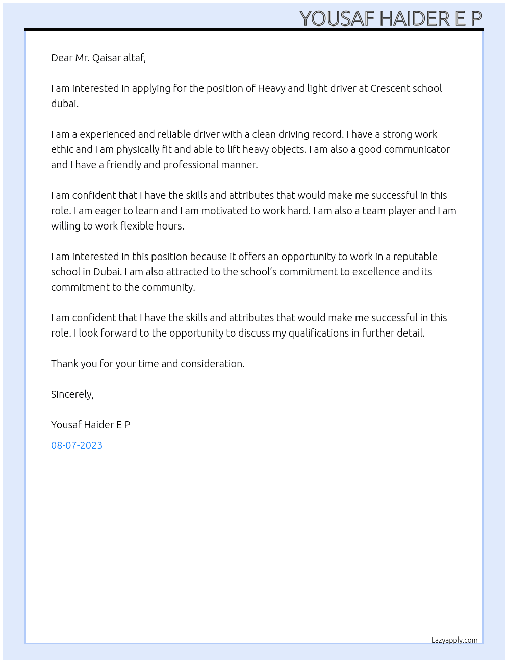 Heavy and light driver  At Crescent school dubai Cover Letter