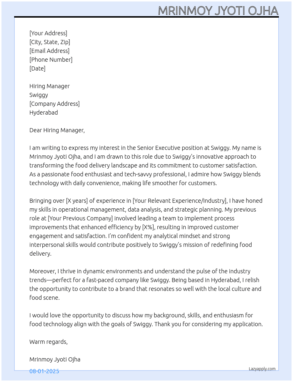 Senior Executive At Swiggy Cover Letter