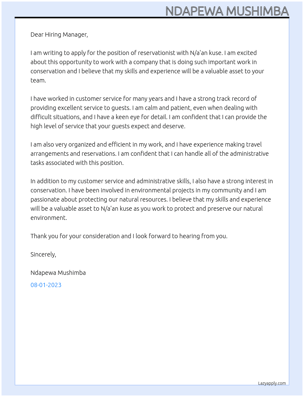 reservationist At N/a'an kuse Cover Letter