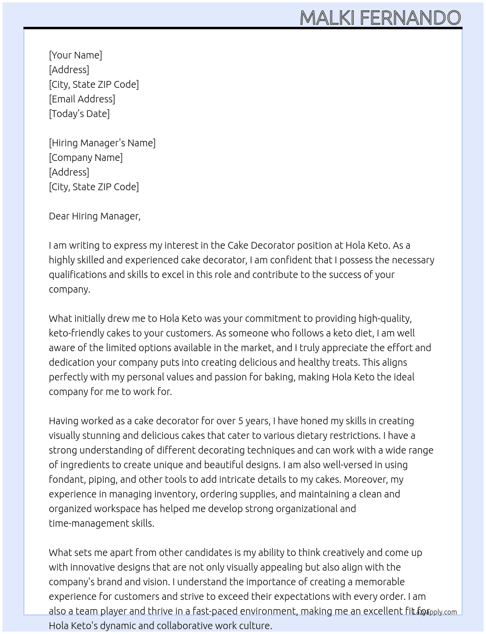 Cake decorator At Hola Keto Cover Letter