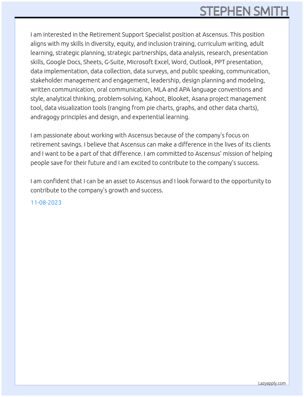 Retirement Support Specialist At Ascensus Cover Letter