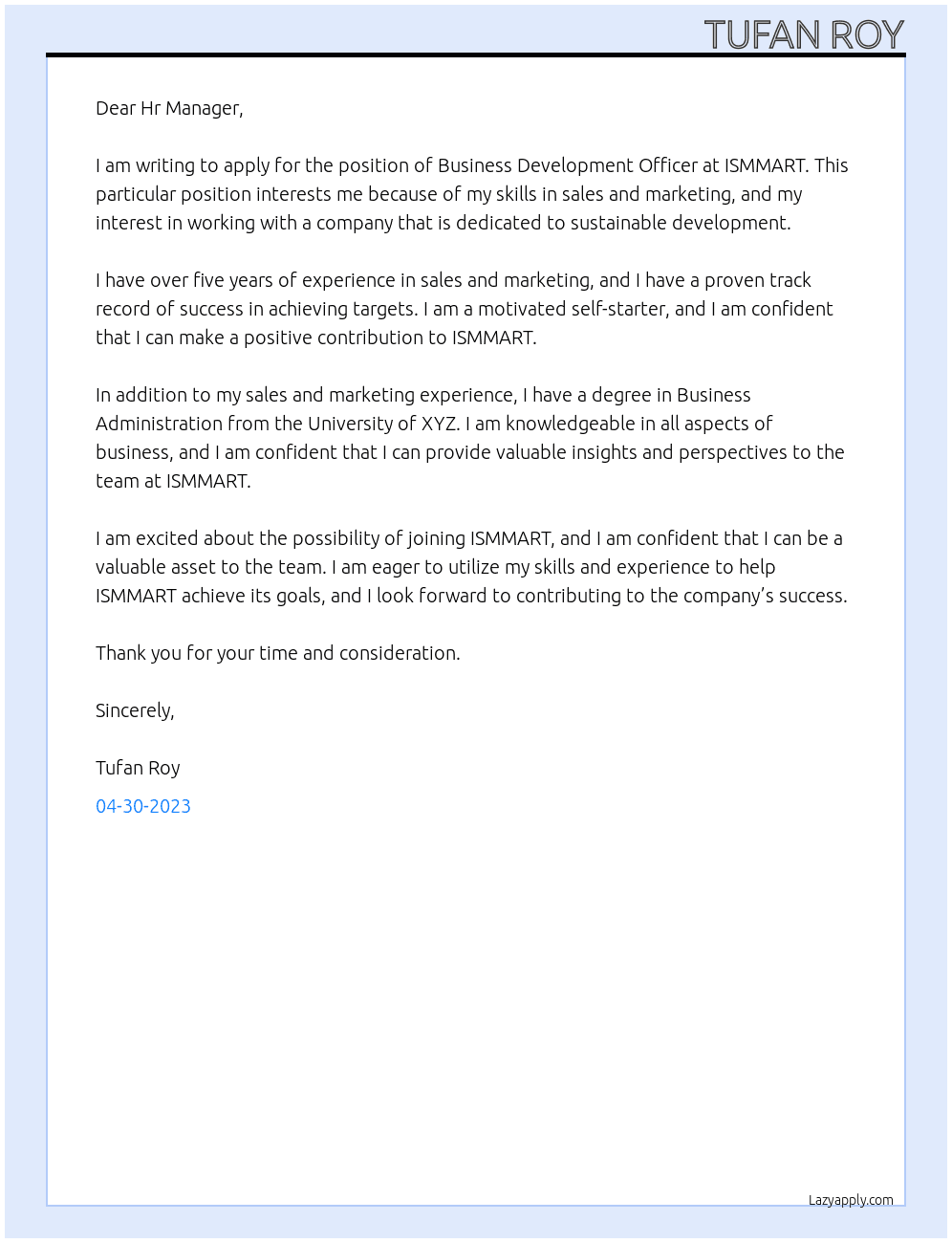 Business Devlopment Officer At ISMMART Cover Letter