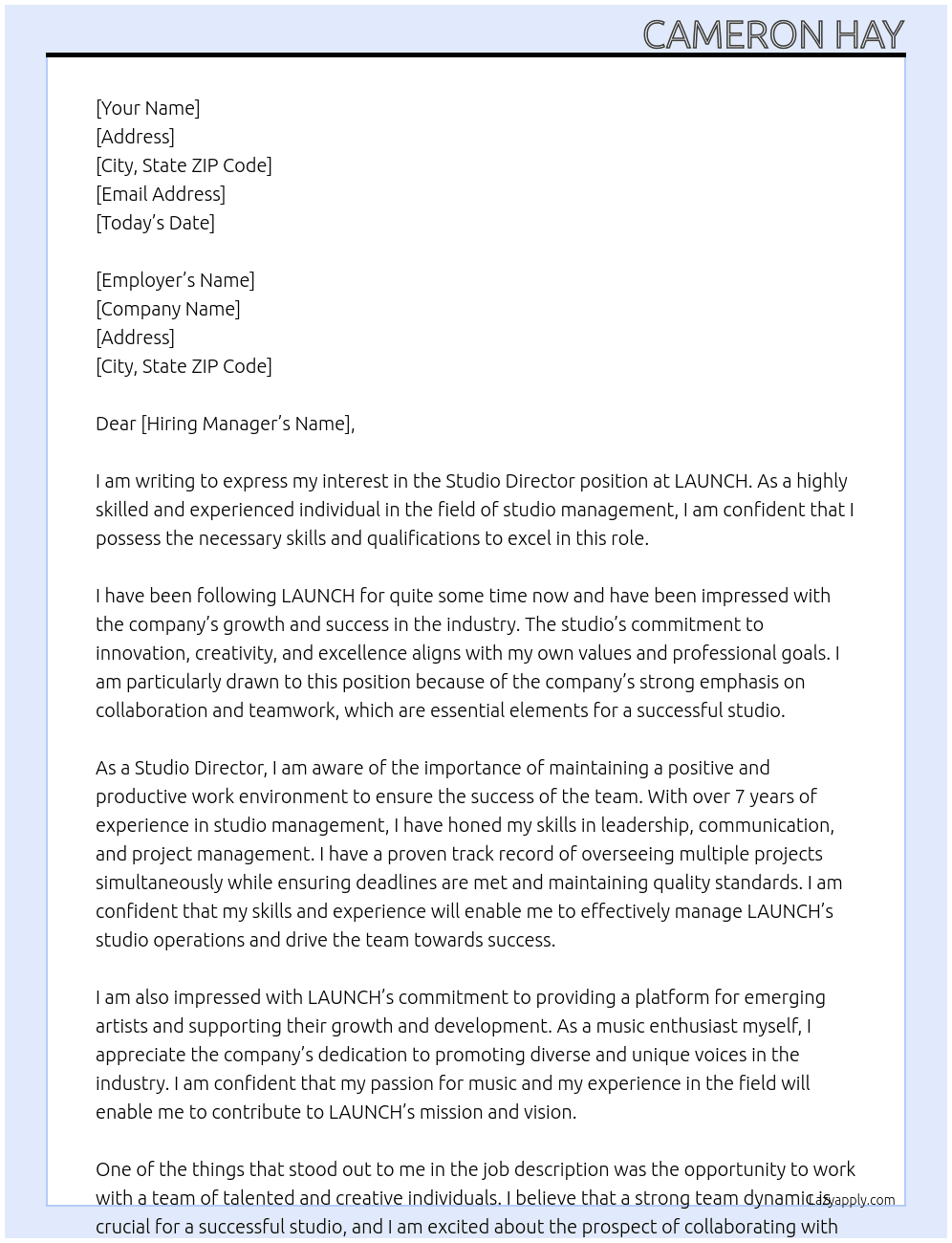 Studio Director At LAUNCH Cover Letter