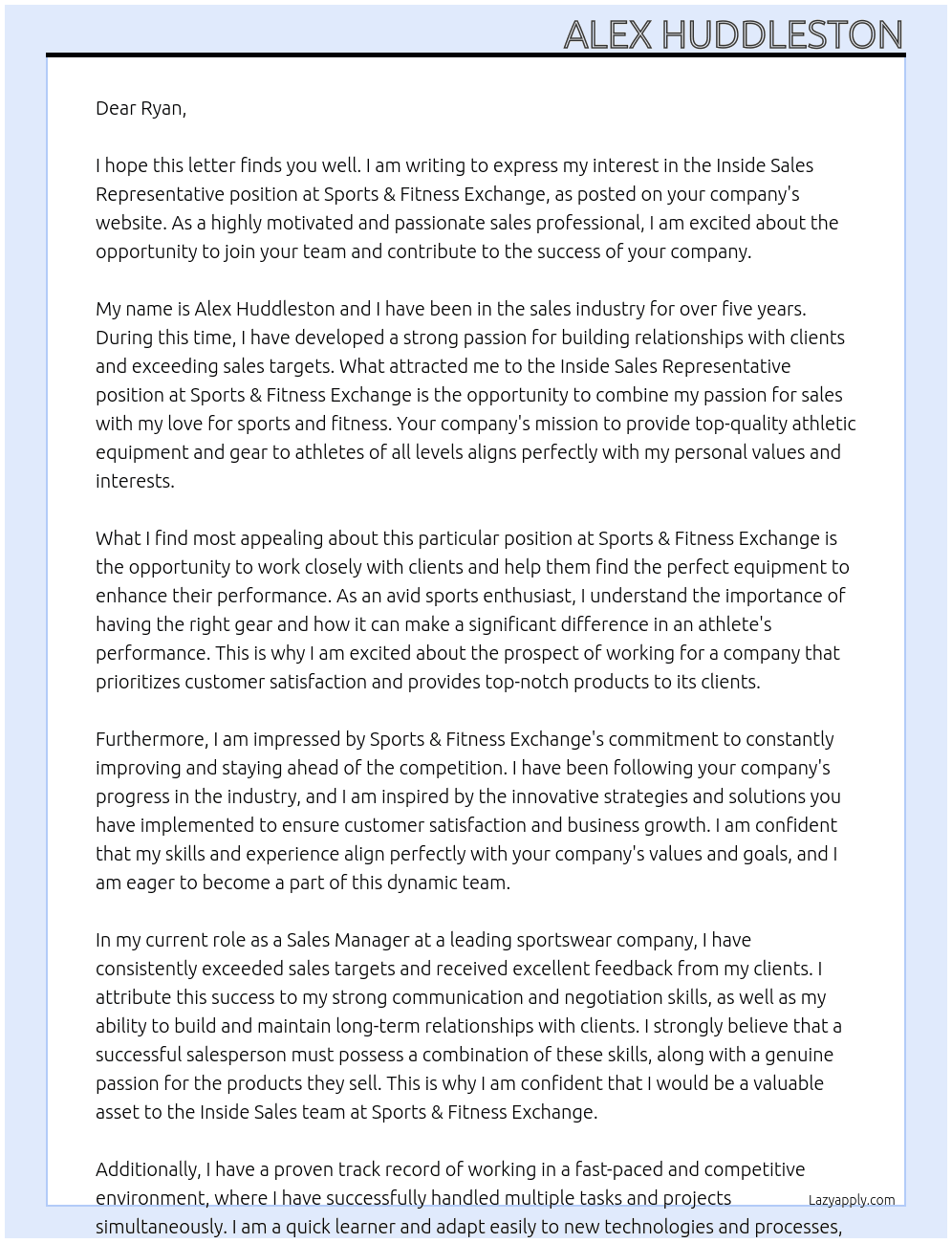 Inside Sales Representative At Sports & Fitness Exchange Cover Letter