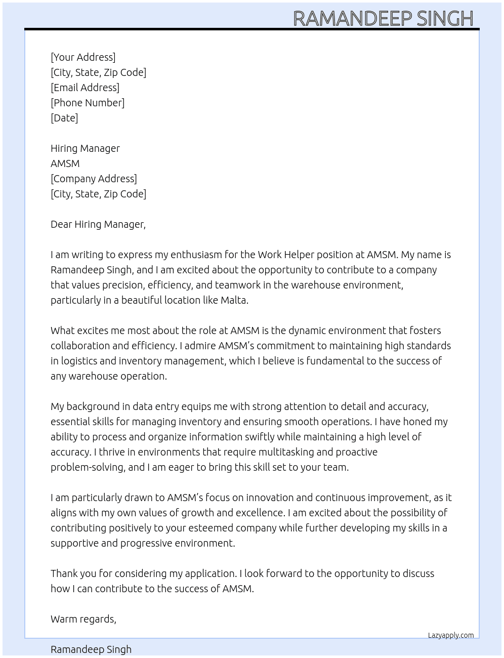 Warehouse work At AMSM Cover Letter