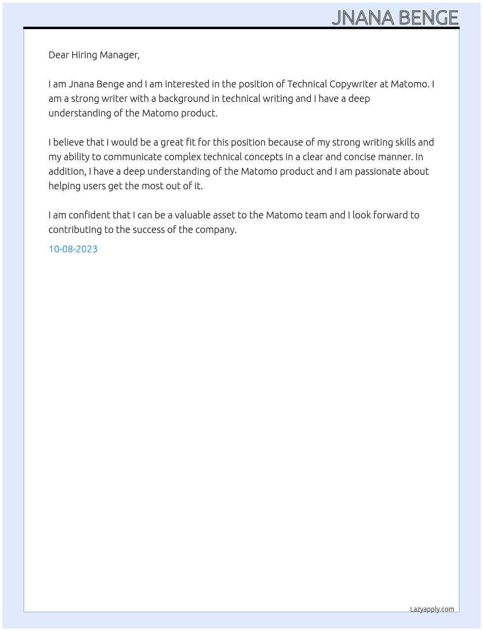 Technical Copywriter At Matomo Cover Letter