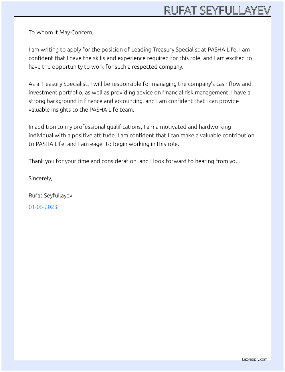 Leading Treasury Specialist At PASHA Life Cover Letter
