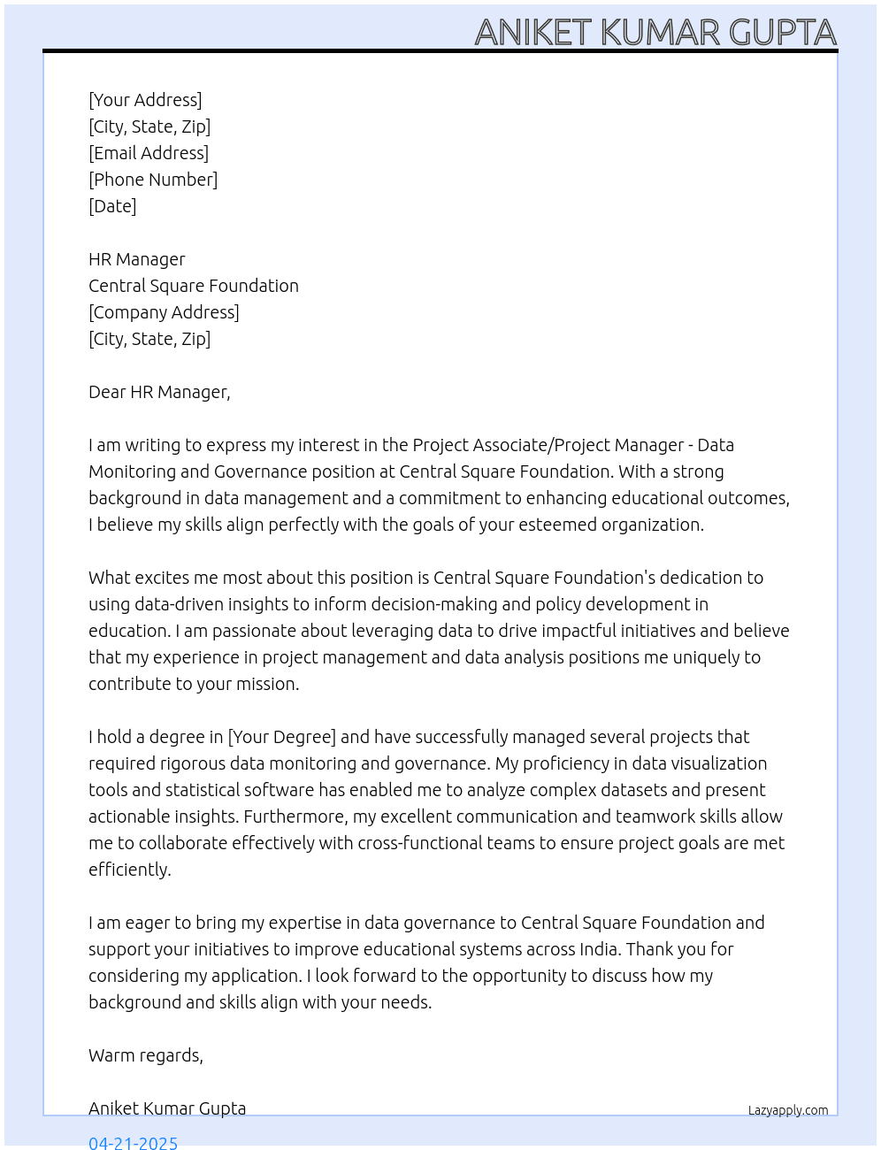Cover letter for project associate/project manager - data monitoring and governance - LazyApply