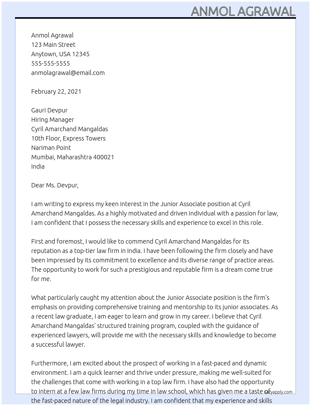 Junior associate  At Cyril amarchand mangaldas  Cover Letter