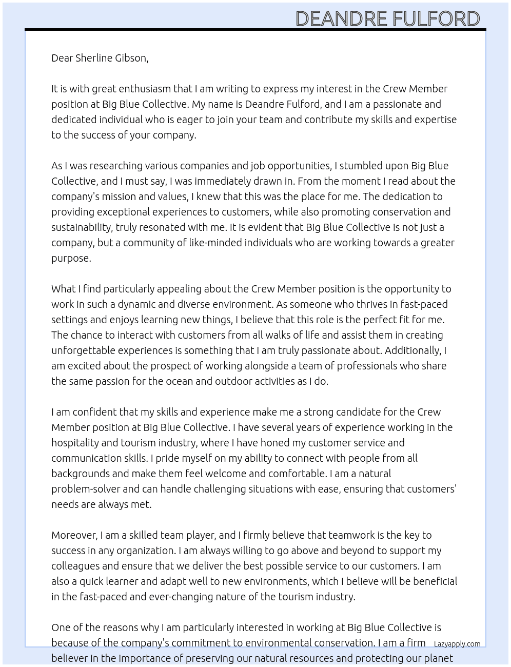 Crew Member At Big Blue Collective  Cover Letter
