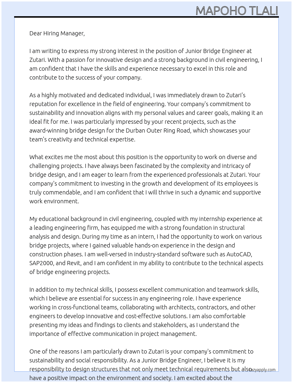 Junior Bridge Engineer At Zutari Cover Letter