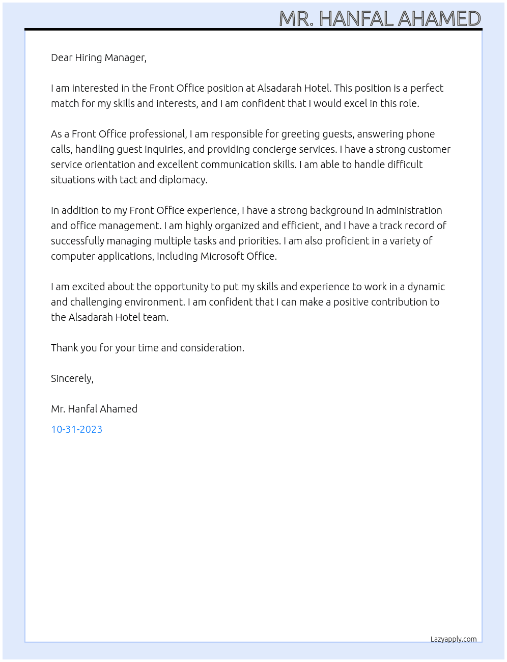 Front Office At Alsadarah Hotel Cover Letter