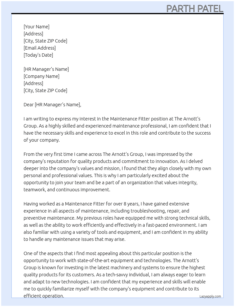 Maintenance Fitter At The Arnott's Group Cover Letter