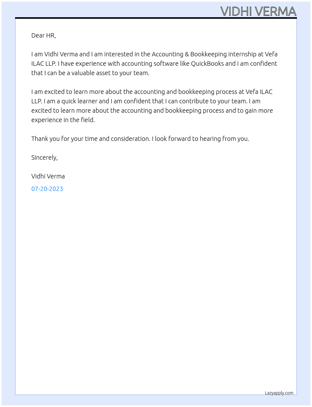 Accounting & Bookkeeping internship At Vefa ILAC LLP Cover Letter