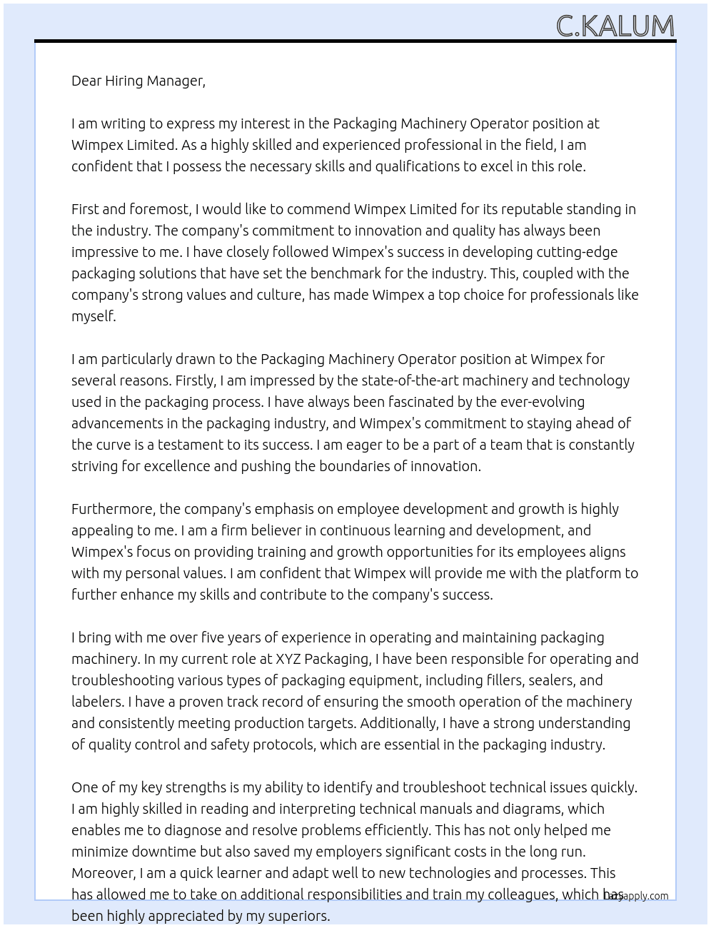 Packaging Machinery Operator At Wimpex Limited Cover Letter