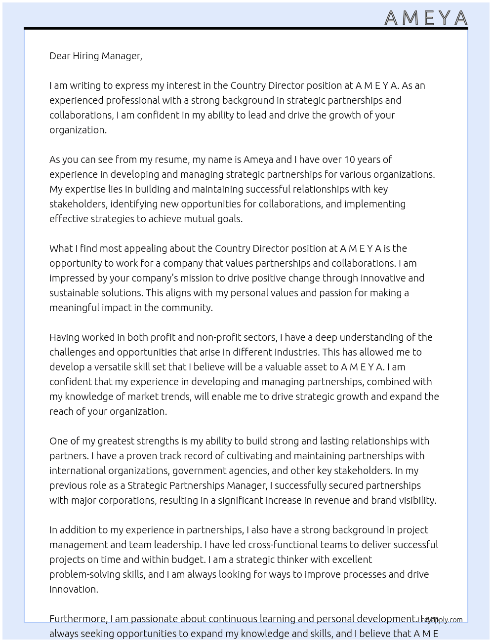 Country Director At A M E Y A Cover Letter