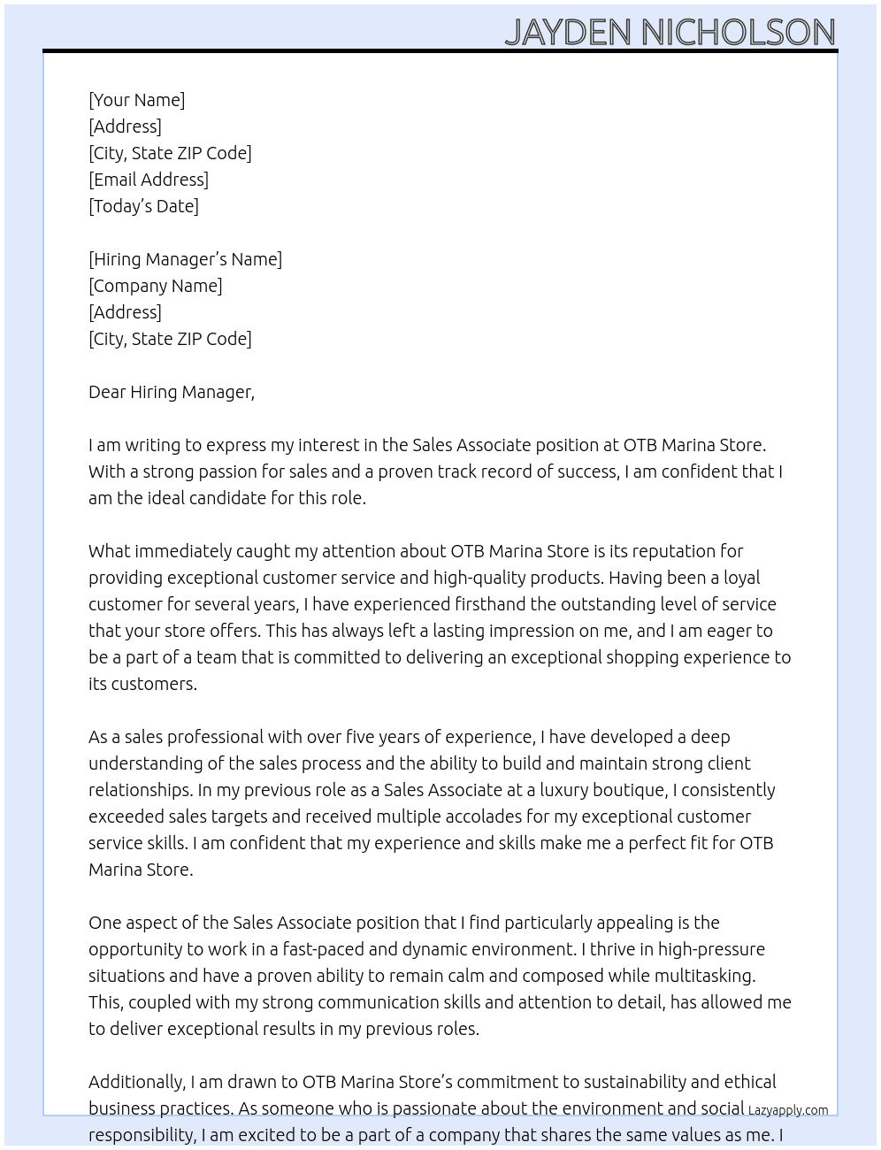 Sales Associate At OTB Marina Store Cover Letter