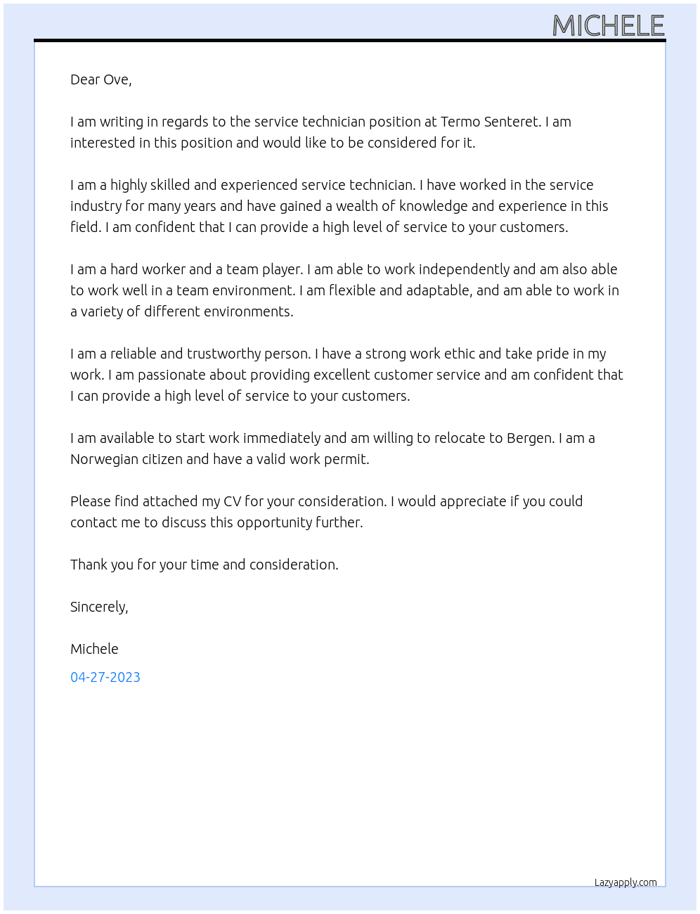 Service technician At Termo Senteret Cover Letter