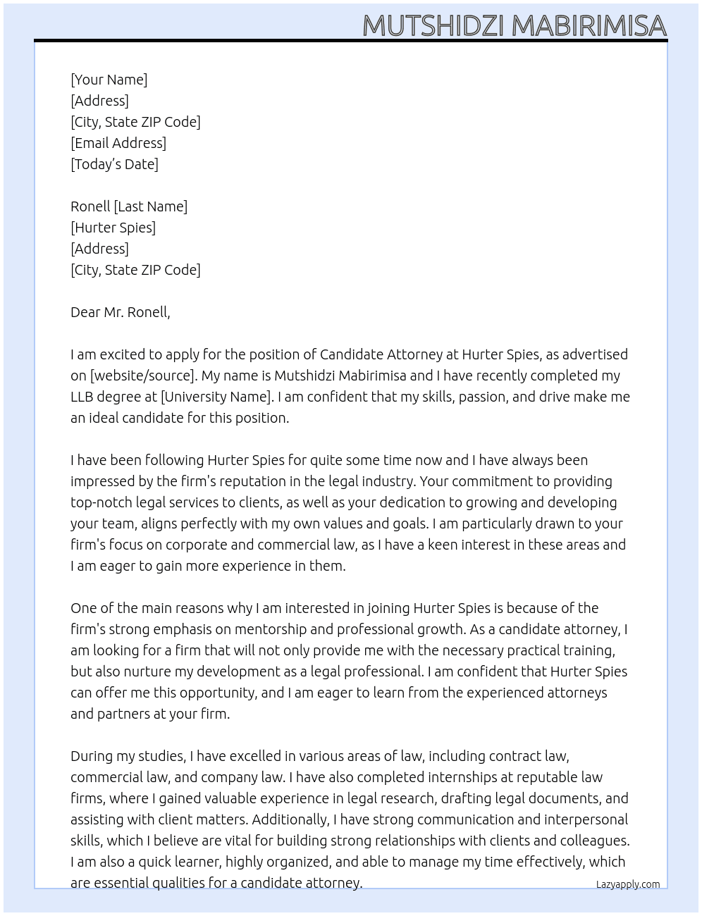 Candidate Attorney At Hurter Spies Cover Letter