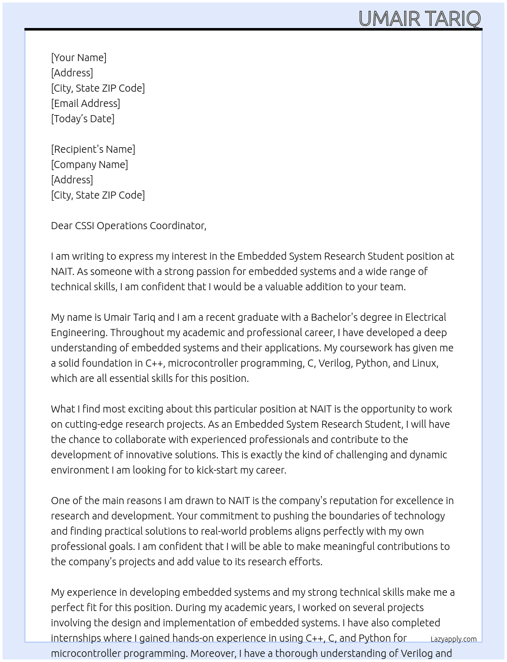 Embedded System Research Student At NAIT Cover Letter