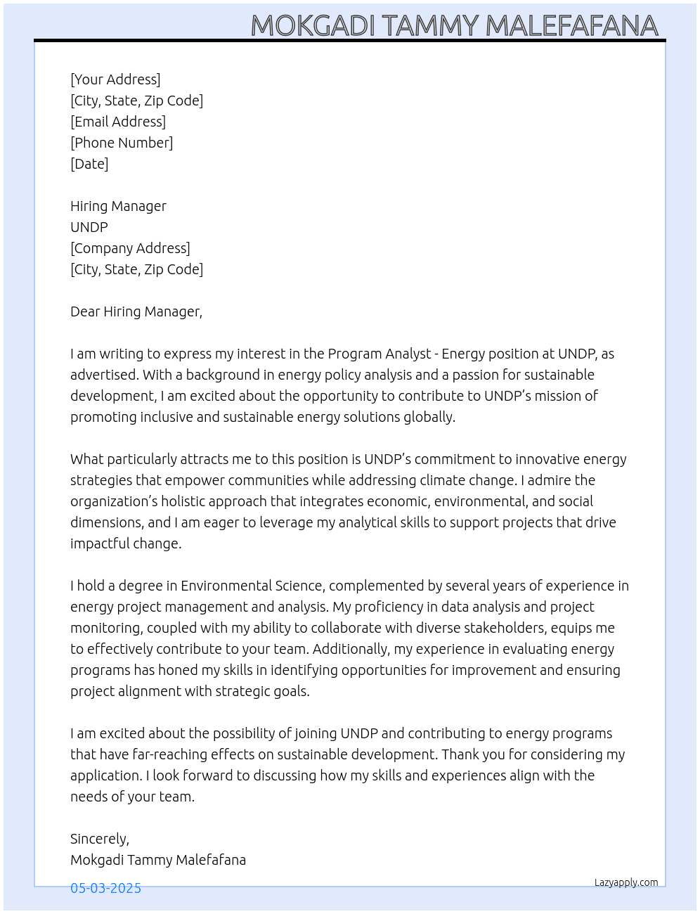 Cover letter for program analyst -energy - LazyApply