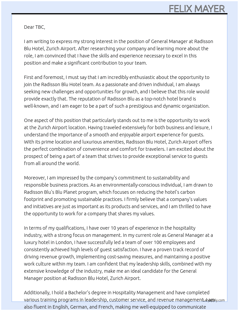 General Manager At Radisson Blu Hotel, Zurich Airport Cover Letter