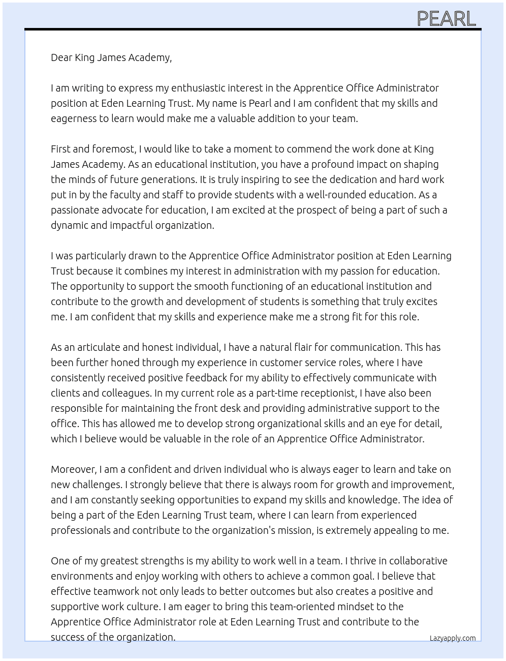 Apprentice Office administrator  At Eden learning trust Cover Letter