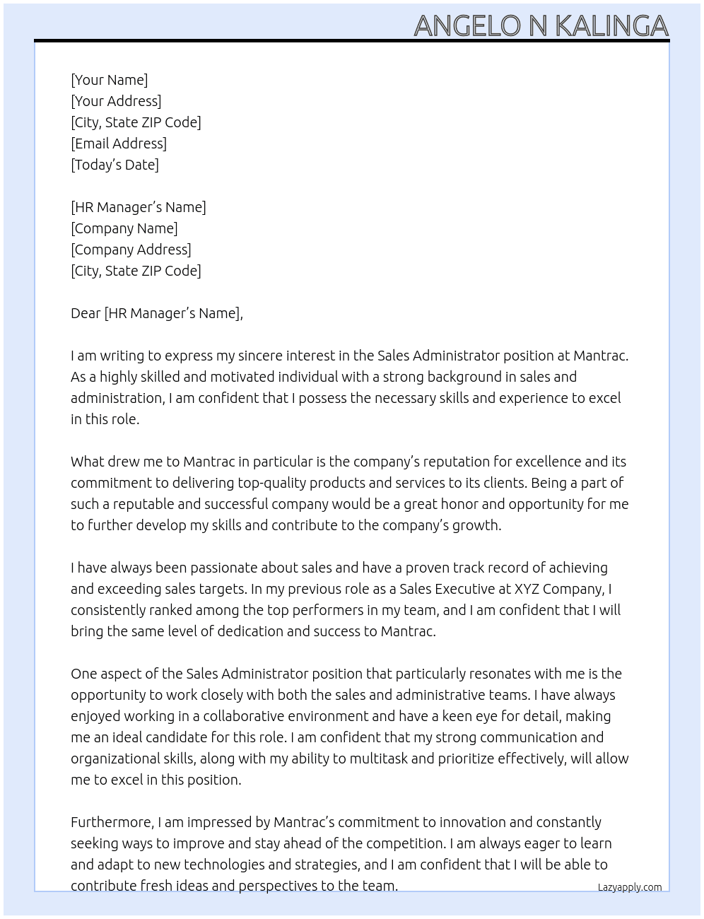 Sales administrator  At Mantrac Cover Letter