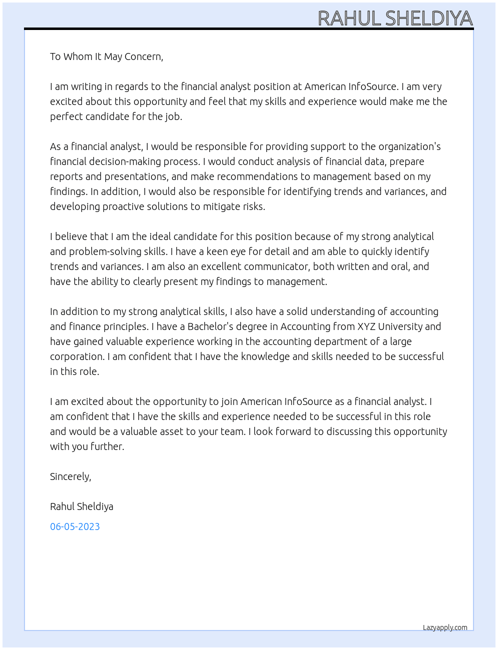 Financial analyst  At American info source Cover Letter