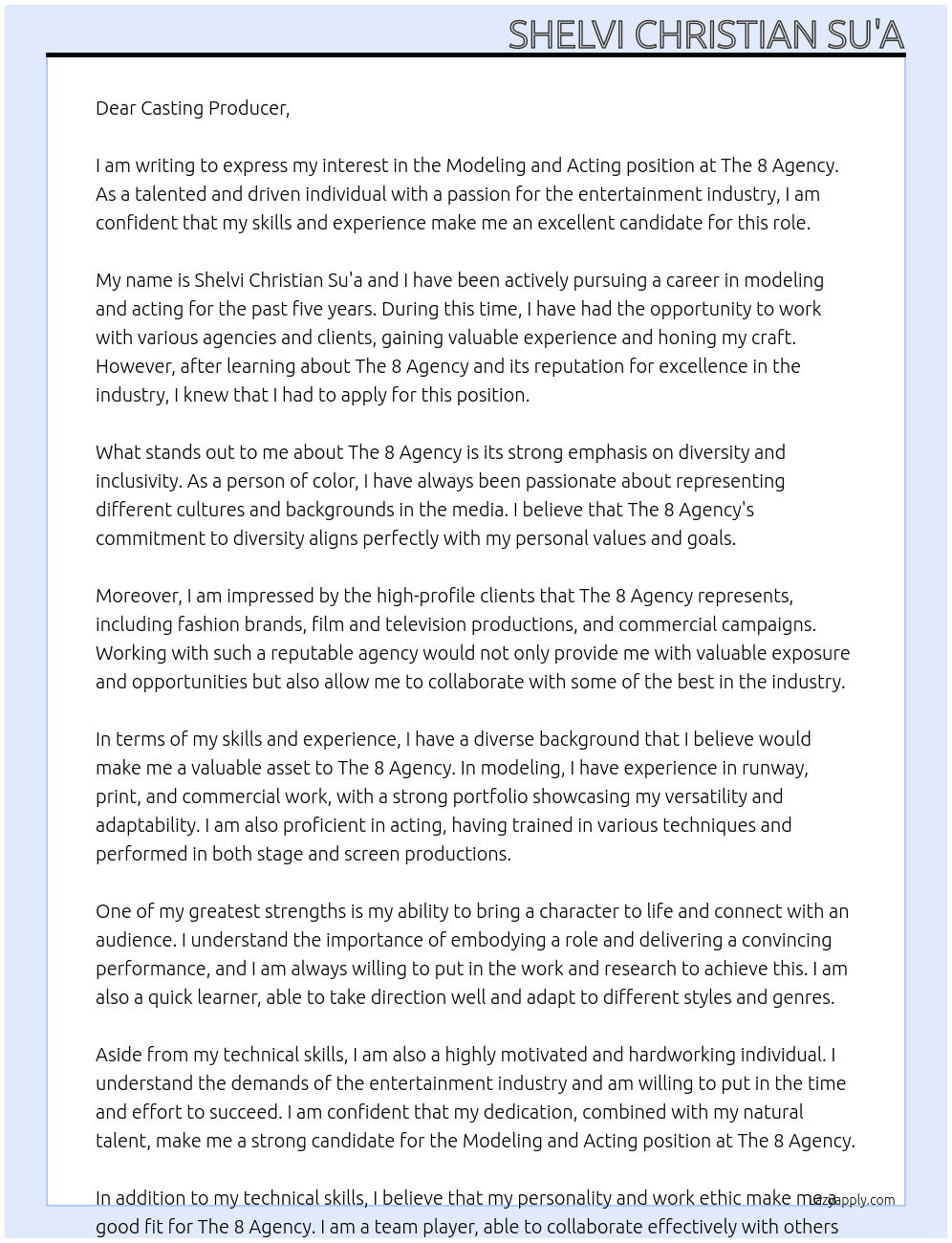 modeling &Acting At The 8 Agency Cover Letter