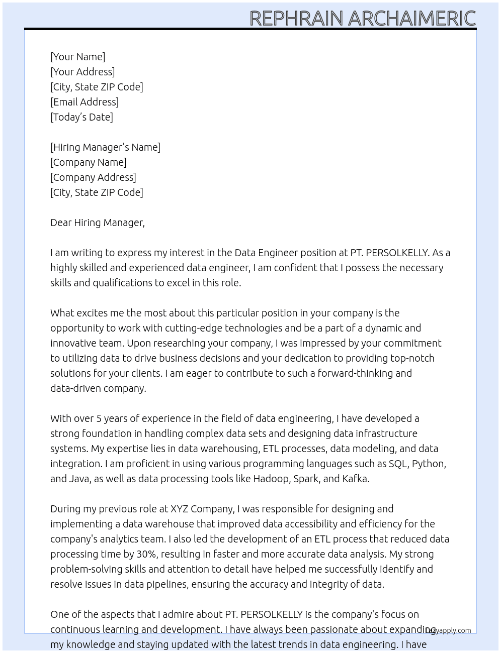 Data Engineer At PT. PERSOLKELLY Cover Letter