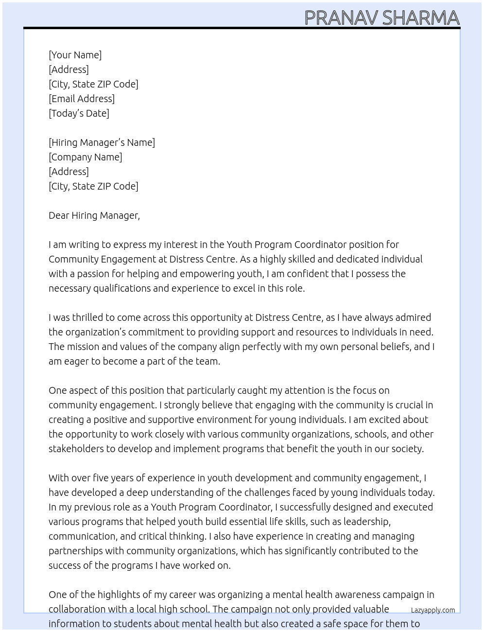 Cover letter for youth program coordinator, community engagement - LazyApply