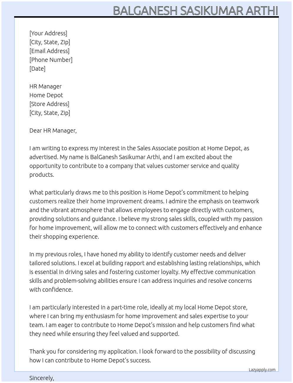 sales associate  At Home depot Cover Letter