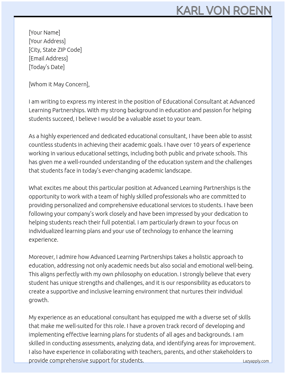 Educational Consultant At Advanced Learning Partnerships Cover Letter
