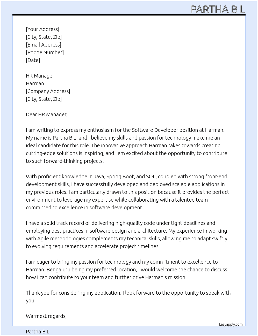 Software Developer At Harman Cover Letter
