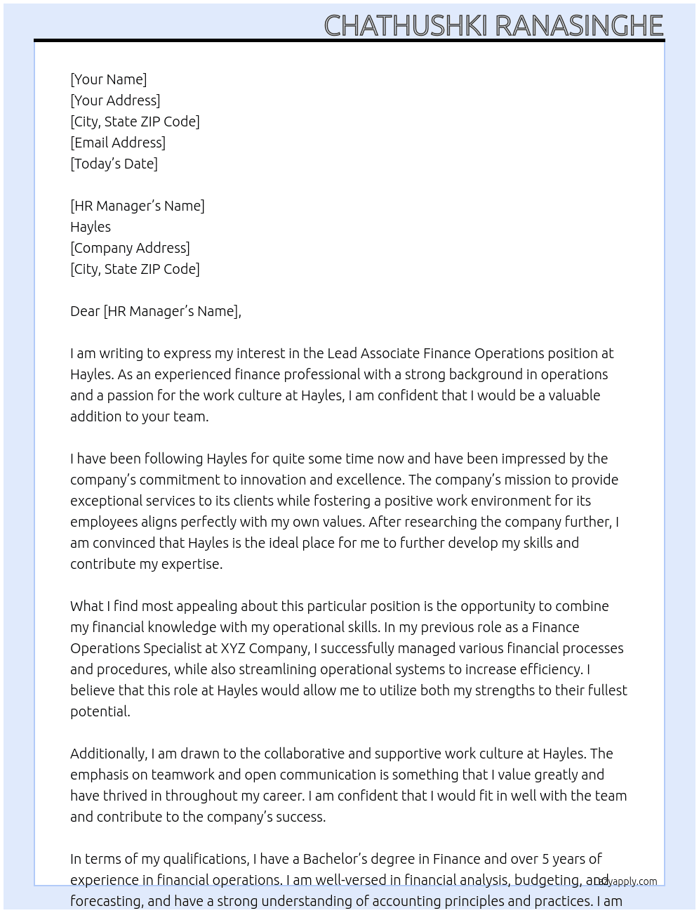 Lead Associate Finance Operations At Hayles Cover Letter