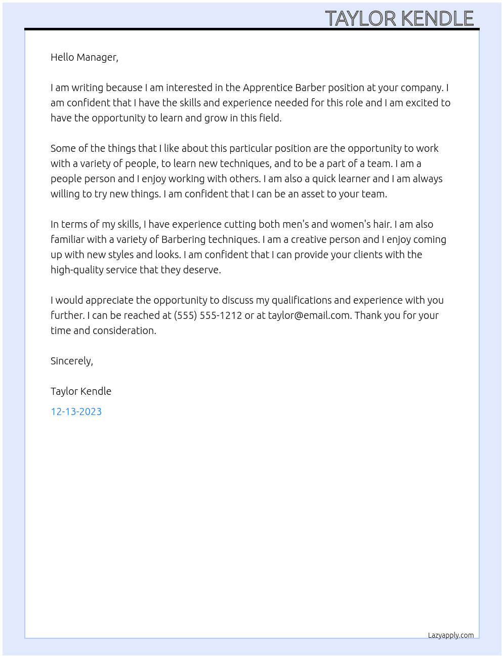 Barber  At Apprentice barbery Cover Letter