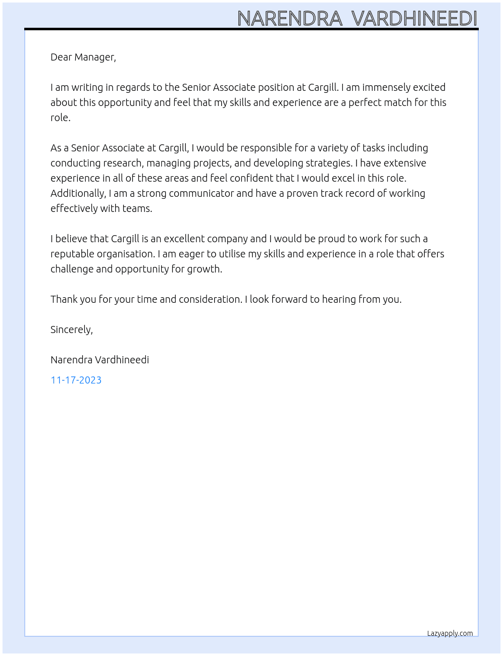 Senior associate  At Cargill Cover Letter