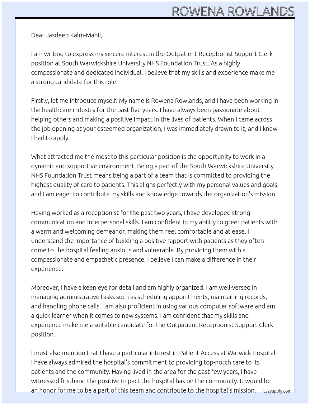 Outpatient Receptionist Support Clerk At South Warwickshire University NHS Foundation Trust Cover Letter